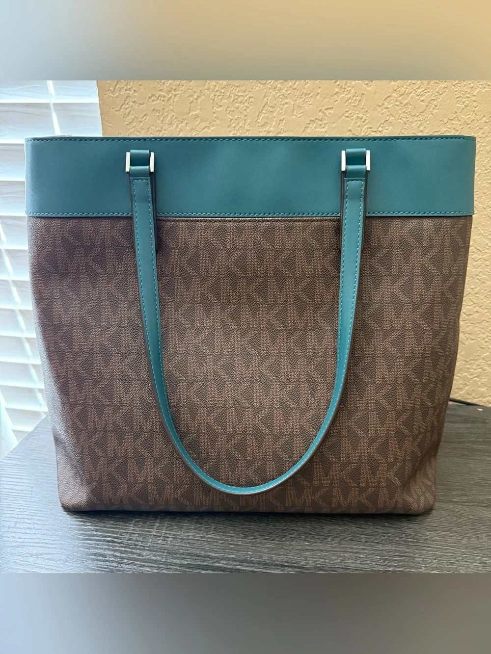 Michael Kors Teal and Light Blue Center-Stripe Logo Tote
